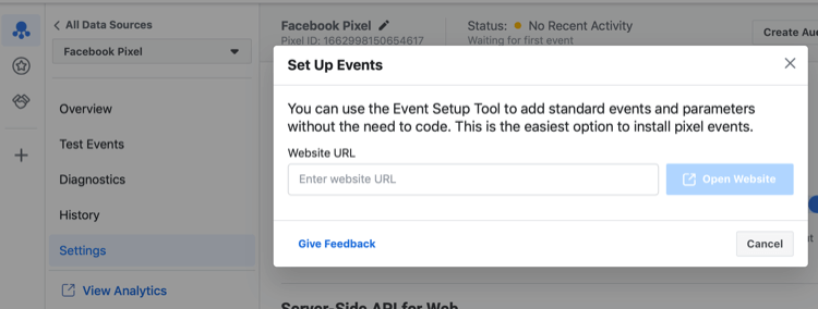 Herramienta de configuración de eventos de Facebook