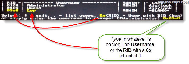 ¡Seleccione!, dejar. - lista de usuarios, 0x <RID> - Usuario con RID (hexadecimal) o simplemente ingrese el nombre de usuario para cambiar: [Administrador]