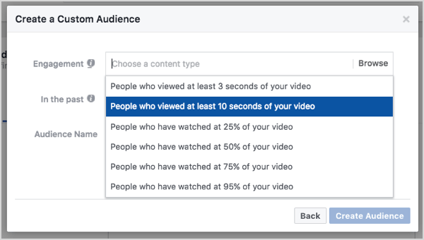 Audiencia personalizada de Facebook basada en visualizaciones de video de 10 segundos.