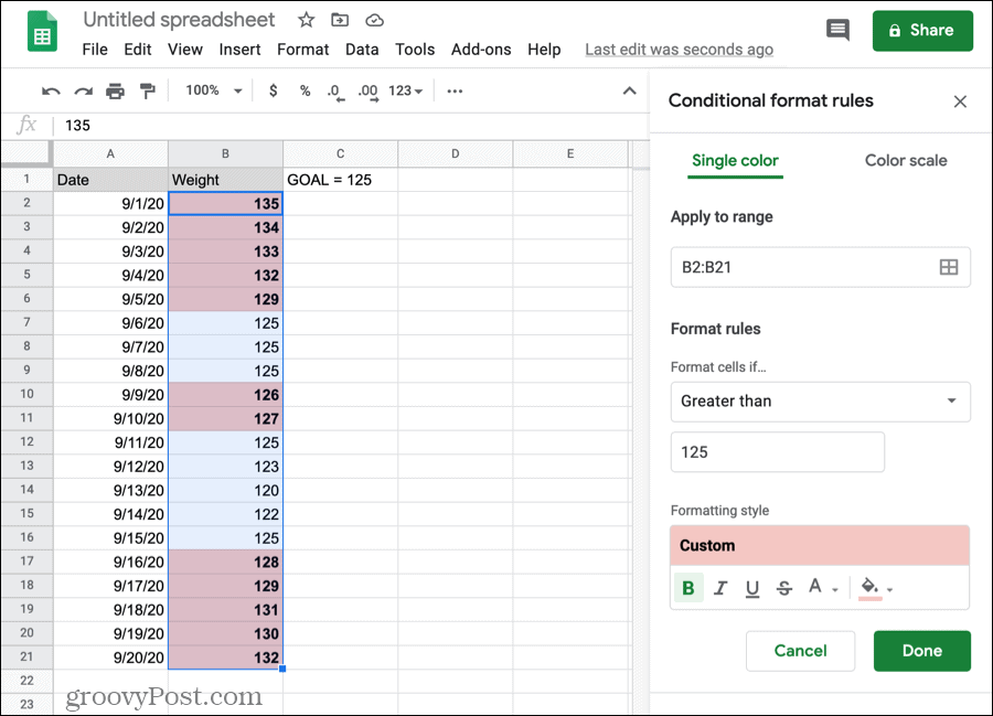 Formato condicional para números en Google Sheets