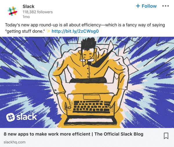 Ejemplo de publicación de página de empresa de Slack LinkedIn.