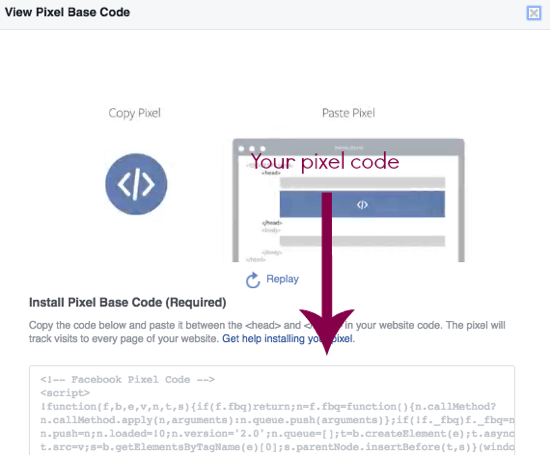 Copie su código de píxel de Facebook directamente desde esta página.