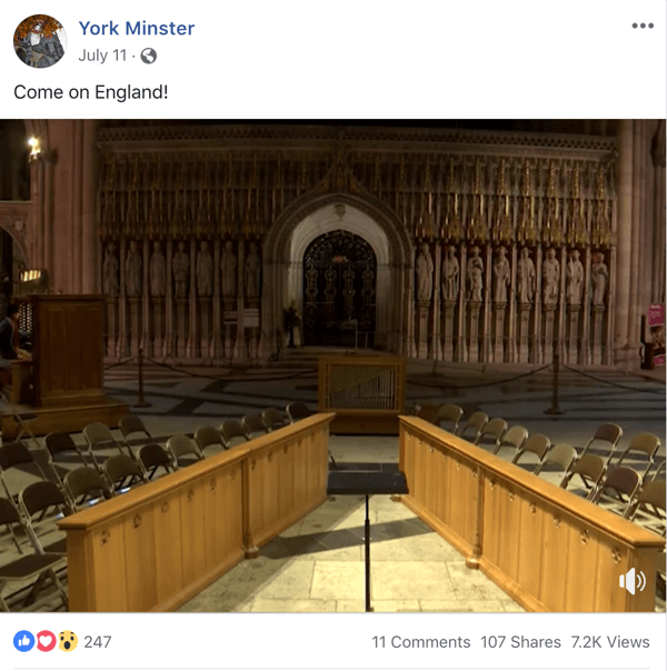 Ejemplo de publicación de Facebook con un tema de actualidad de York Minster.