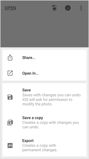 Comparta, guarde o exporte su imagen en aplicaciones móviles como Snapseed.