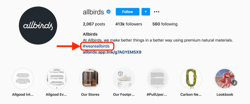 ejemplo de un hashtag de empresa incluido en la descripción del perfil de la cuenta de instagram @allbirds