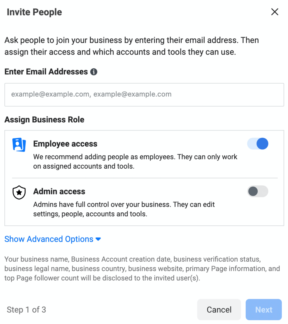 imagen de la pantalla Invitar personas en Meta Business Manager
