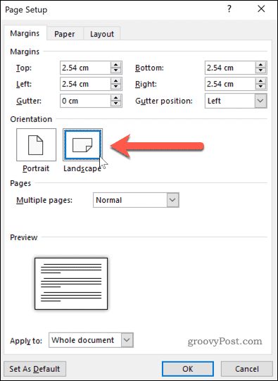 Establecer la orientación de la página en modo horizontal en Word