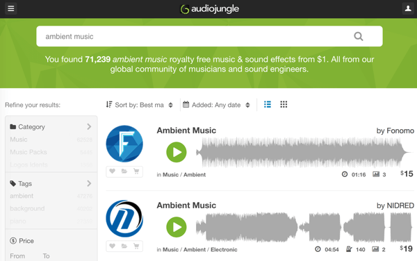 Busque en la sólida biblioteca de AudioJungle de música y pistas de audio libres de derechos a partir de $ 1.