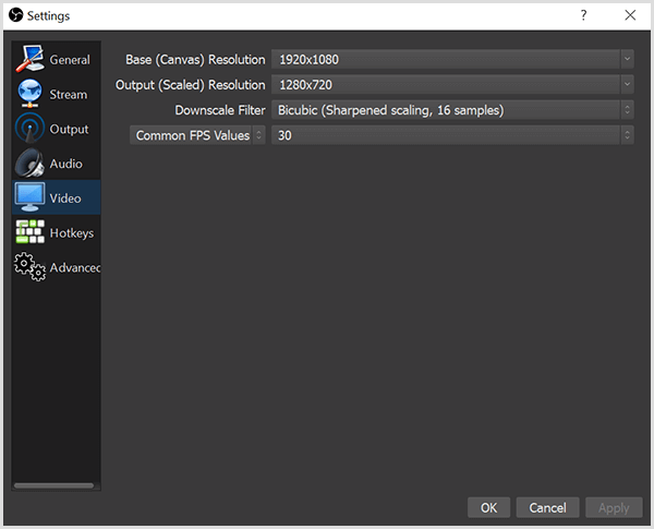 El cuadro de diálogo Configuración de OBS Studio tiene opciones en la pestaña Video para configurar su resolución base y nuestra resolución de salida. La caja también tiene opciones para un filtro de escala descendente y FPS, o cuadros por segundo.