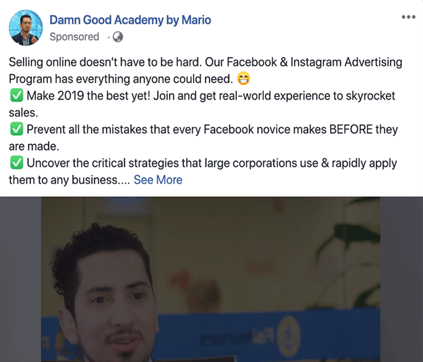 Cómo escribir y estructurar publicaciones patrocinadas de Facebook basadas en texto de formato más largo, problema y solución de tipo 1, ejemplo de Damn Good Academy de Mario