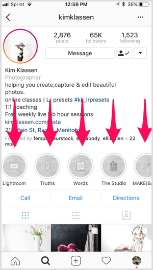 Destacados de la marca Instagram en el perfil de Kim Klassen.