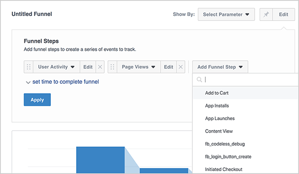 Andrew Foxwell explica cómo crear un embudo personalizado en Facebook Analytics. En el área Pasos del embudo, usa un menú desplegable con opciones que puede elegir, como Agregar al carrito, Instalaciones de aplicaciones, Vista de contenido, etc. Cada vez que selecciona una opción, aparece un nuevo menú desplegable a la derecha, donde puede seleccionar el siguiente paso en su embudo personalizado. Debajo de la secuencia de menús desplegables hay un botón azul Aplicar. A medida que lo construye, aparece una vista previa del gráfico de embudo azul.
