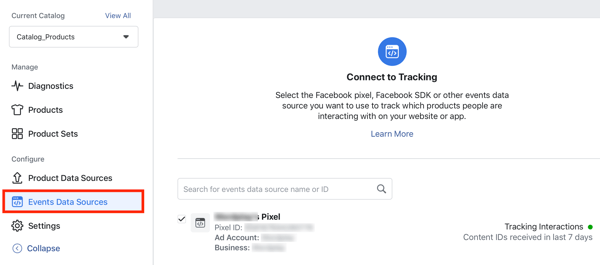 Utilice la herramienta de configuración de eventos de Facebook, paso 24, opción de menú para conectar el píxel de Facebook a su catálogo