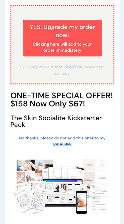 ejemplo de una oferta de venta adicional de venta de Instagram de $ 67 para su paquete kickstarter