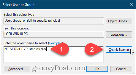 Ingrese el nombre de usuario y haga clic en Verificar nombres para una clave de registro de Windows