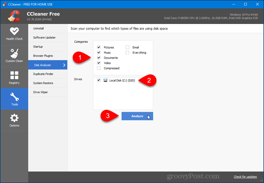 Analizador de discos en CCleaner