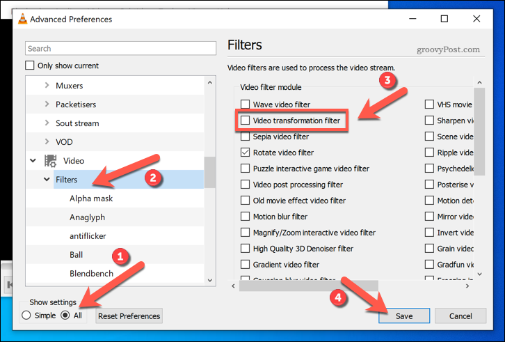 Habilitar filtros de transformación de video en VLC en Windows
