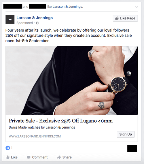 Anuncio de una venta exclusiva de la marca de relojes Larsson & Jennings.