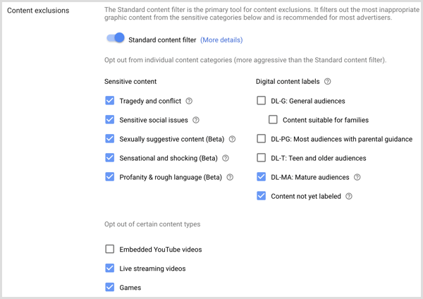 Configuración de exclusiones de contenido para la campaña de Google AdWords.
