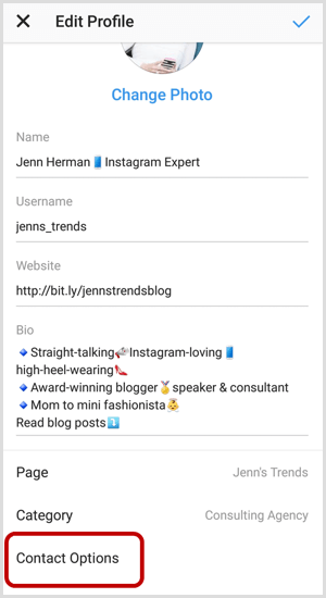 Opciones de contacto en la pantalla Editar perfil de Instagram