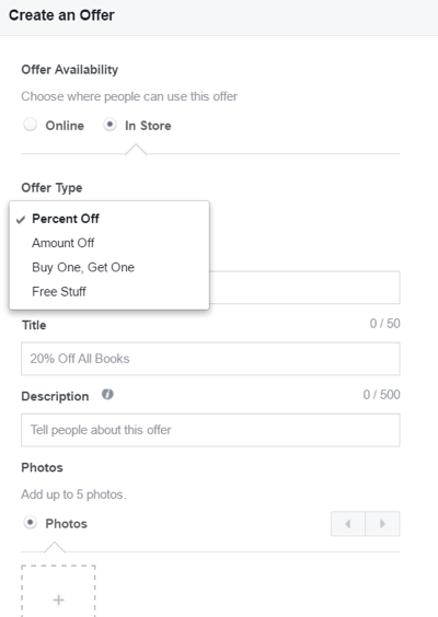 La configuración disponible al crear una oferta de Facebook.