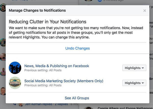 Facebook está reduciendo activamente el desorden al mostrar a los usuarios menos notificaciones de ciertos grupos.