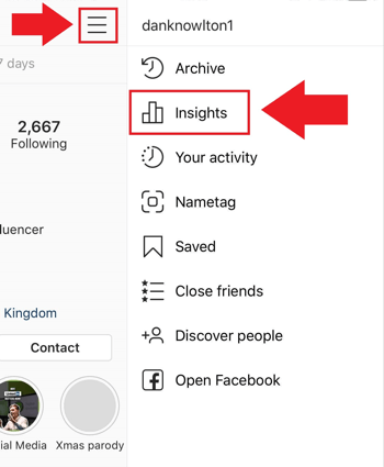 Estrategia de marketing en redes sociales; Captura de pantalla de dónde acceder a Instagram Insights en la aplicación de Instagram.