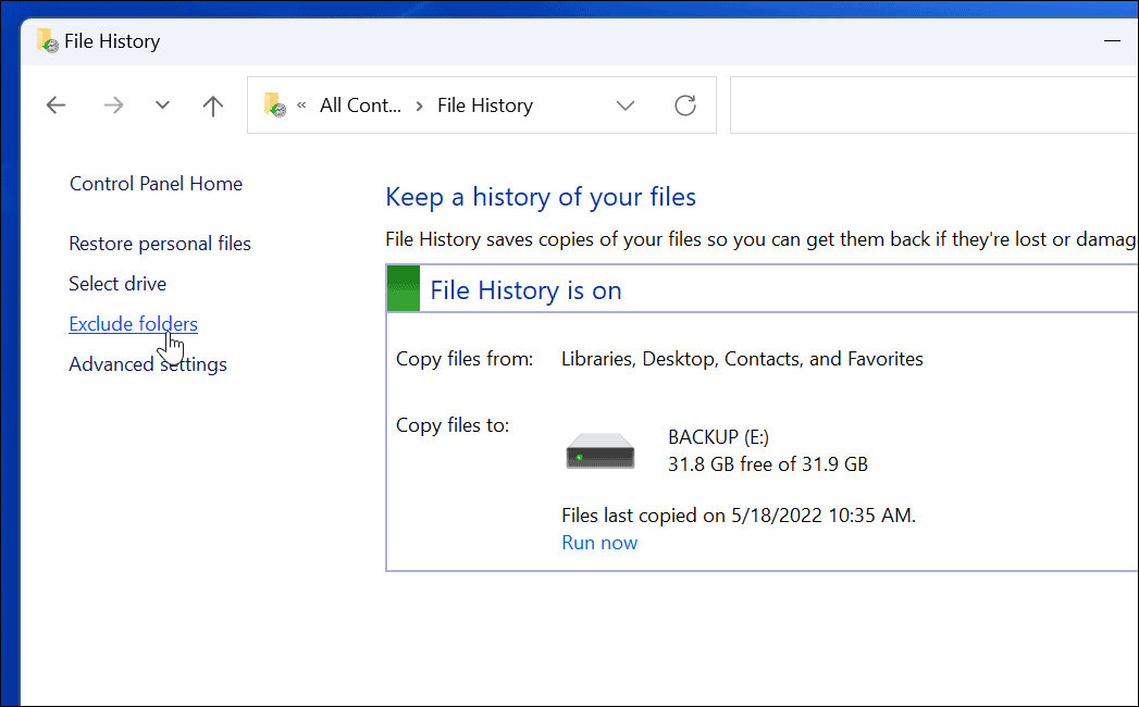 Excluir el uso del historial de archivos en Windows 11