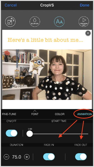 Toque Animación para ajustar la configuración de fundido de entrada y salida en CropVS.