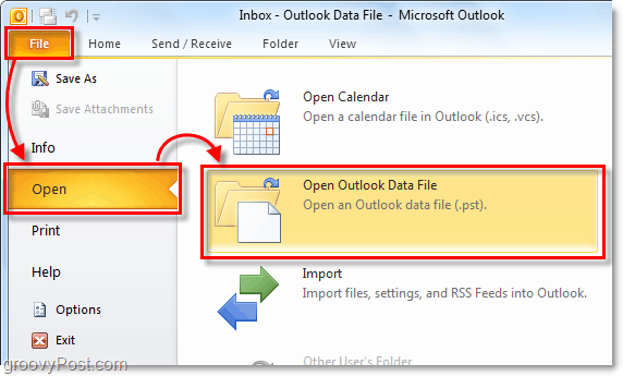 abra su carpeta que contiene su archivo pst de Outlook 2010