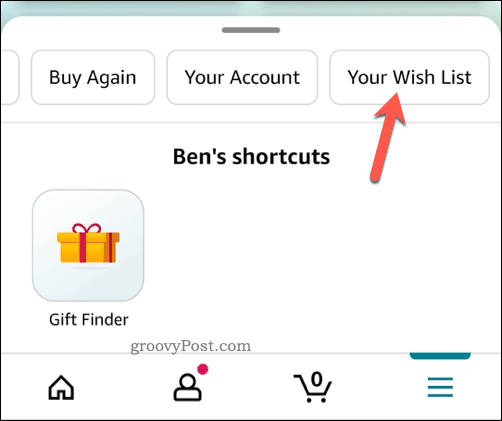 Abrir el menú de la lista de deseos en la aplicación de Amazon