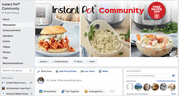 Grupo de Facebook de Instant Pot Community de más de un millón de miembros.