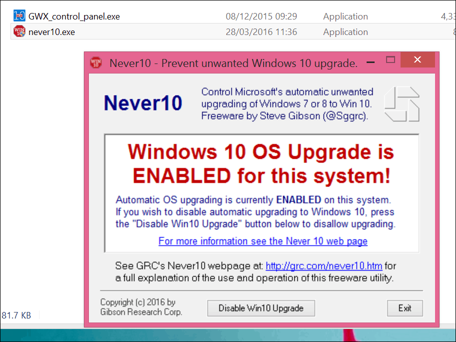 Detenga la actualización de Windows 10 con Never 10 o la aplicación GWX.