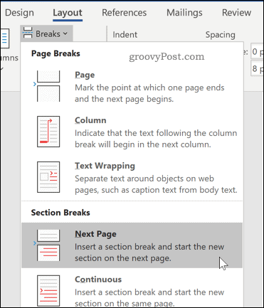 Insertar un salto de sección en Word