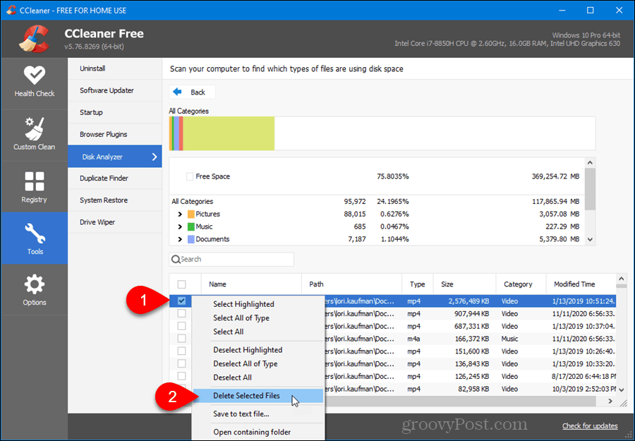 Resultados de Disk Analyzer en CCleaner