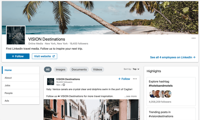 Página de empresa de LinkedIn para destinos VISION