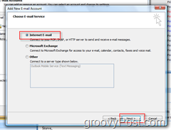 Cree una nueva cuenta de correo en Outlook 2007:: Botón de radio de correo electrónico de Internet