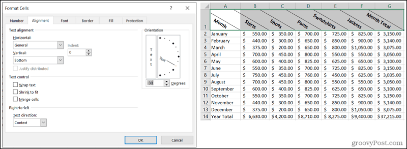 Alineación de celdas formateadas por grados