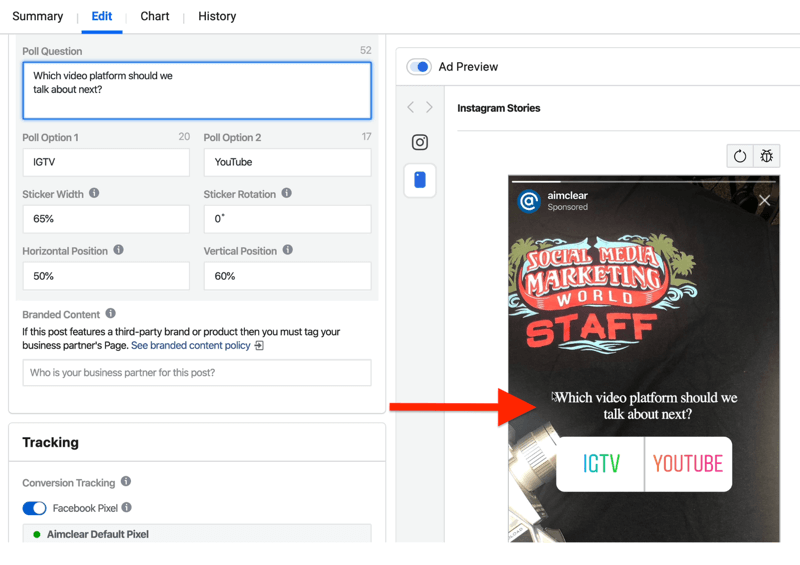 campos para configurar la encuesta de anuncios de Instagram Stories en Ads Manager