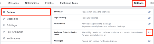 En la configuración de su página de Facebook, haga clic en el botón Editar a la derecha de la opción Optimización de audiencia para publicaciones.