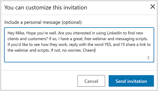 La invitación a la conexión a LinkedIn con un mensaje personal se basa en las cuatro sugerencias de John Nemo.