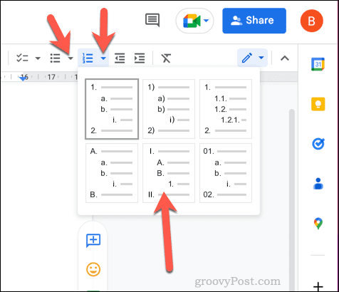 Elegir nuevas opciones de formato de lista en Google Docs