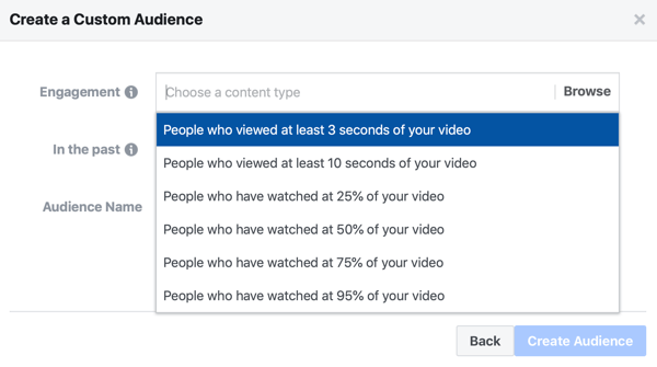 Opción para crear una audiencia personalizada de anuncios de Facebook de personas que vieron una parte de su video.
