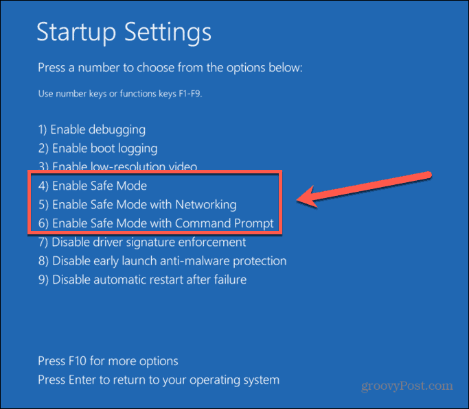 Opciones de modo seguro de Windows