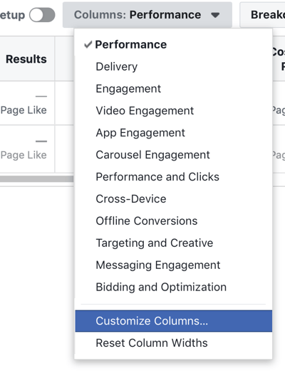 Opción Personalizar columnas de Facebook Ads Manager