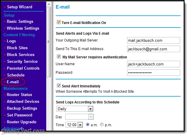 alertas por correo electrónico para bloquear sitios en netgear