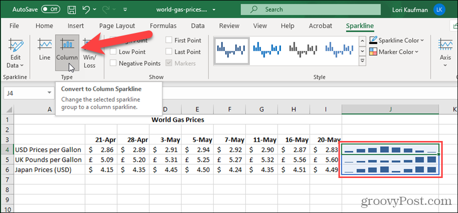 Cambiar el tipo de minigráfico en Excel