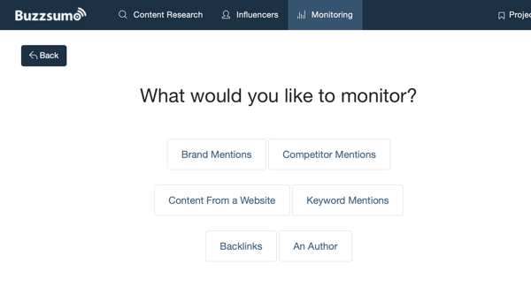 Opciones de lo que puede monitorear a través de BuzzSumo.