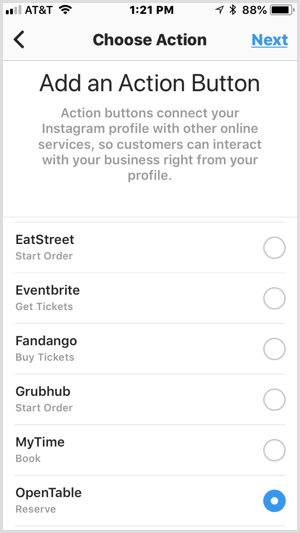 Instagram Agregar una pantalla de botón de acción para servicios de terceros