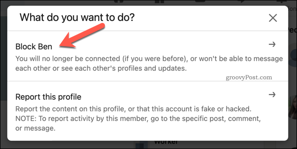 Opciones para bloquear o denunciar a un usuario de LinkedIn